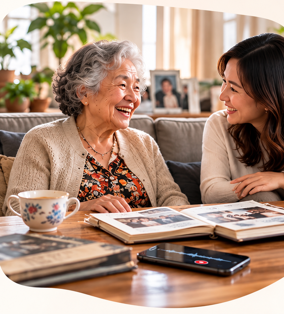 A mother and daughter recording stories together over a photo album