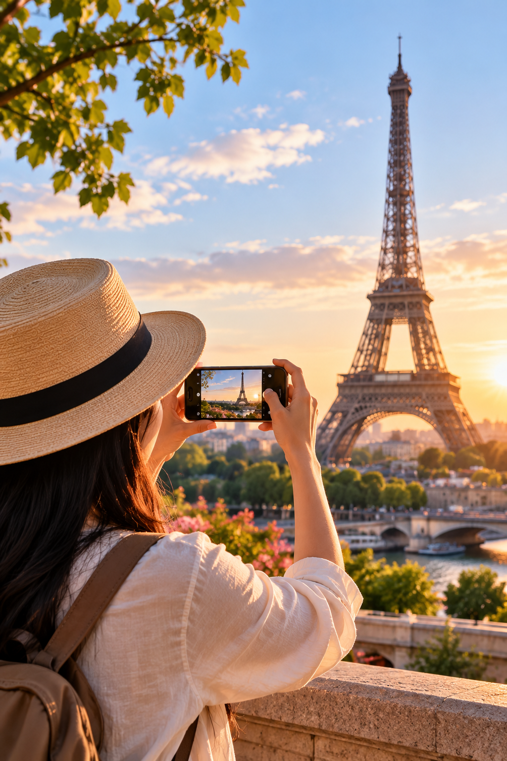 A traveler photographing the Eiffel Tower