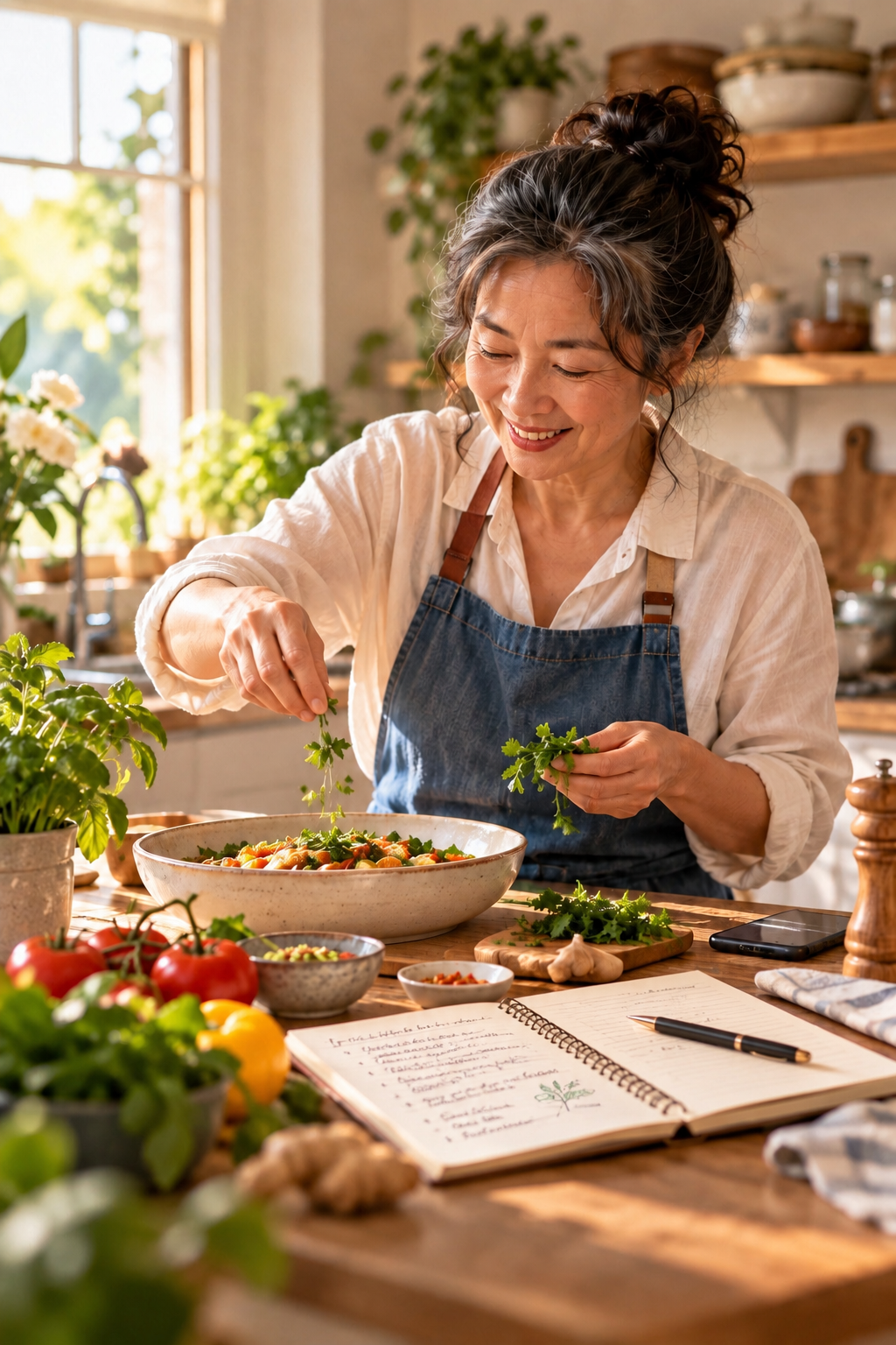 A woman cooking in her kitchen beside a recipe notebook