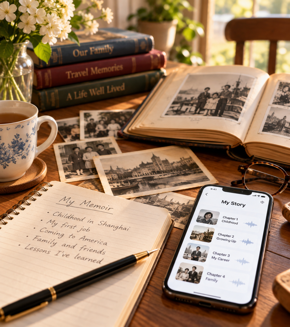 A memoir notebook, family photographs, and photo album