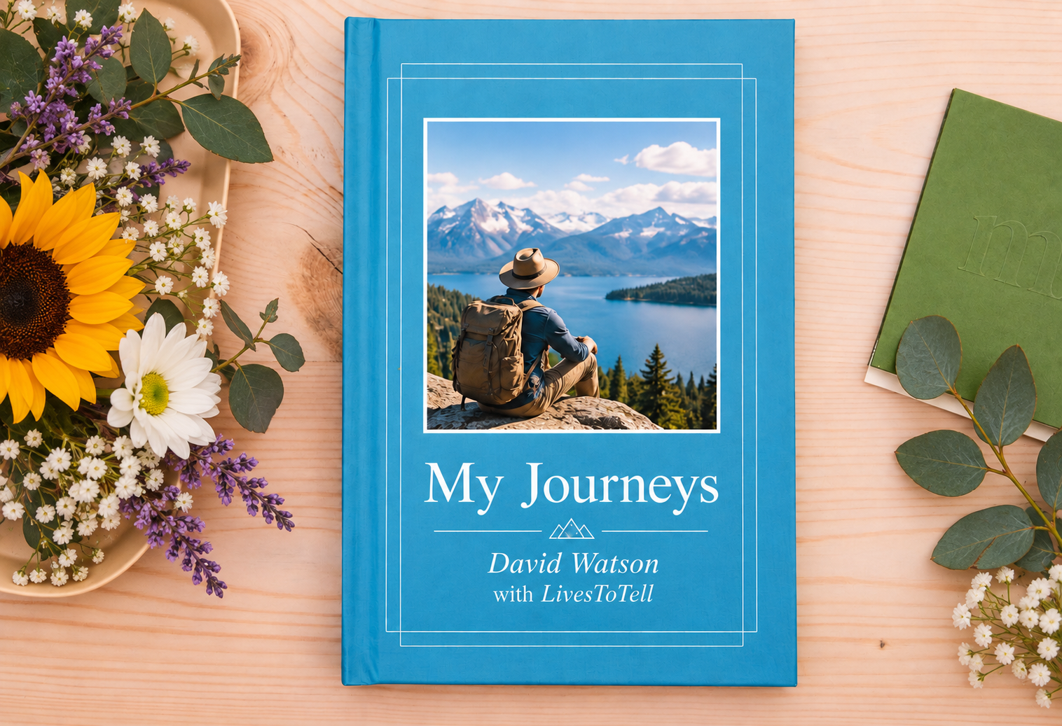 A blue My Journeys memoir by David Watson, featuring a mountain-lake photograph and surrounded by flowers